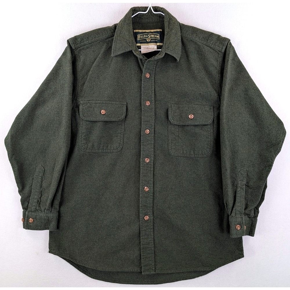 Field & Stream Mens M Green Heavyweight Flannel Overshirt Cotton Button Front